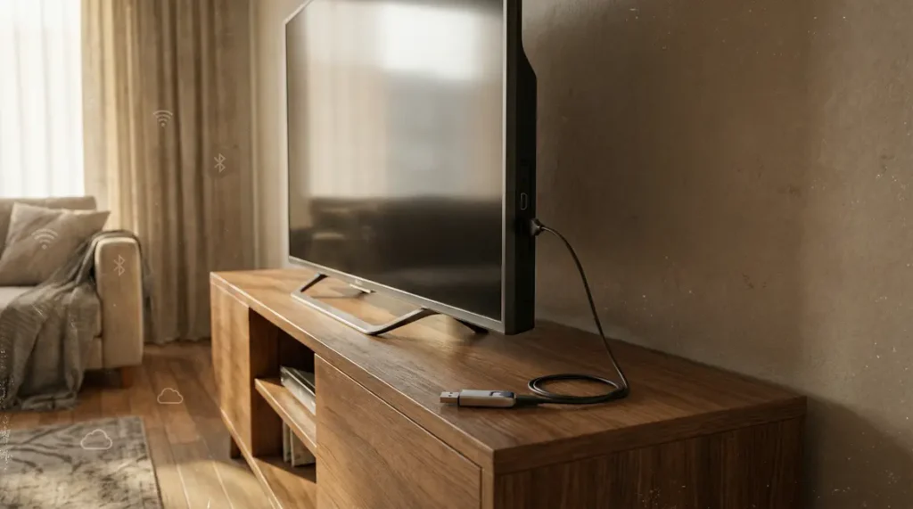 Vue televiseur moderne port USB cable cle USB technologie connectee