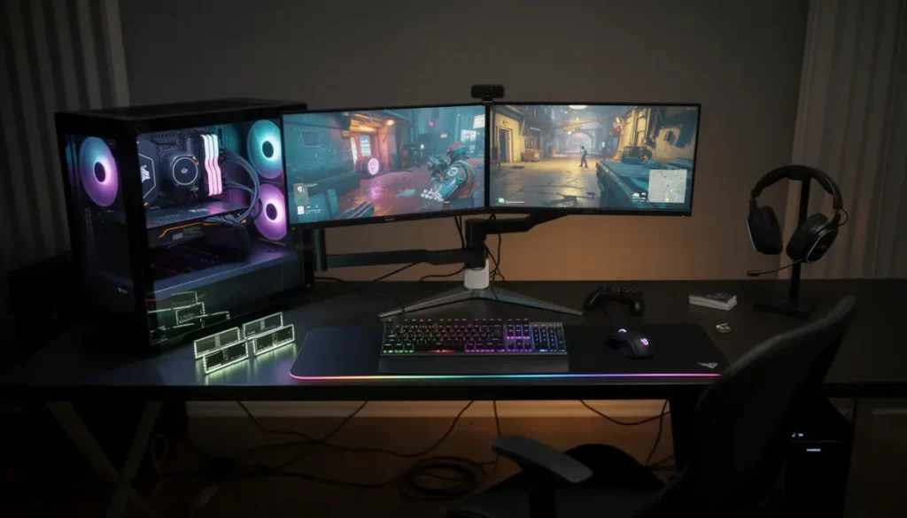 RAM DDR5 sur bureau gaming avec double écran et clavier RGB