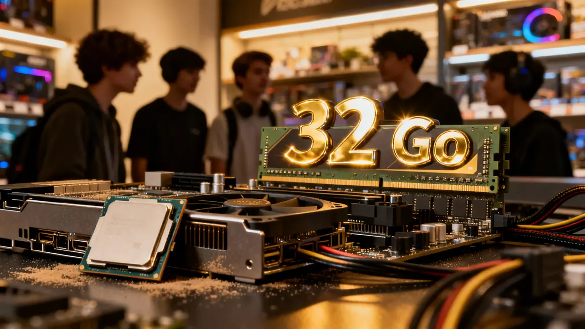 RAM DDR5 32 Go exposée avec composants PC gaming