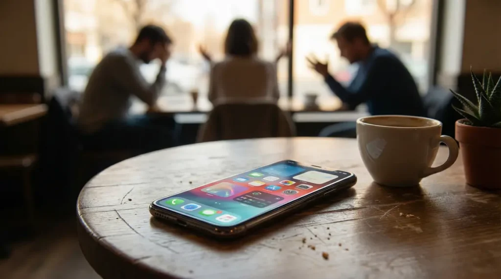 Smartphone affiche recherche Gemini et widgets table de café
