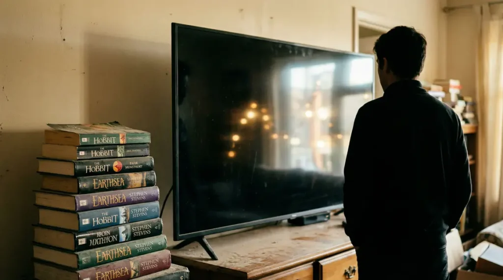 Pile de livres fantasy et television, attente adaptation