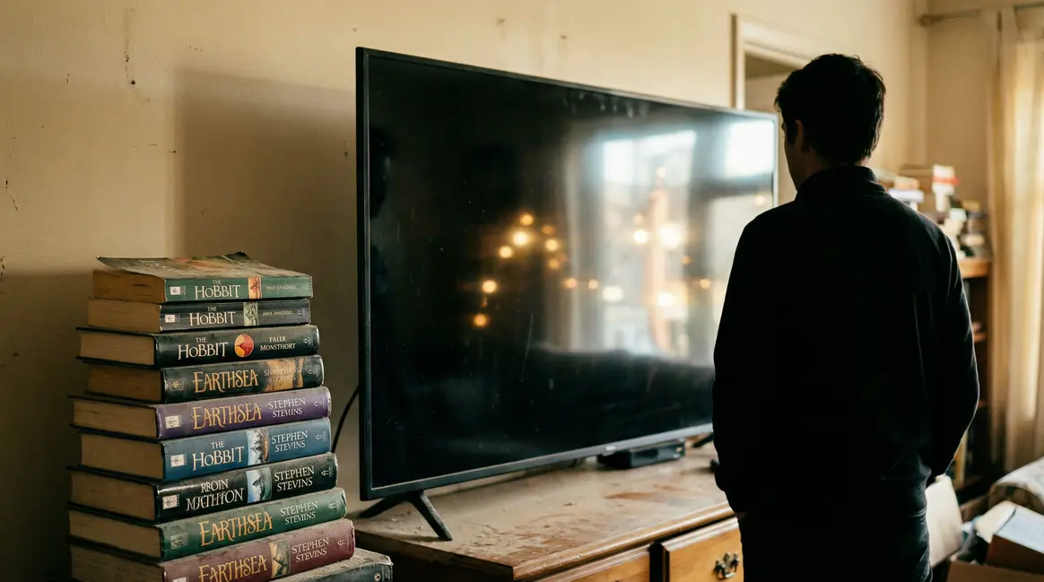 Pile de livres fantasy et television, attente adaptation
