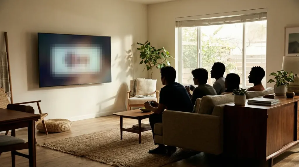 Censure IA sur écran jeu vidéo salon PlayStation