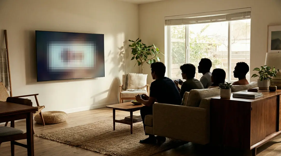 Censure IA sur écran jeu vidéo salon PlayStation