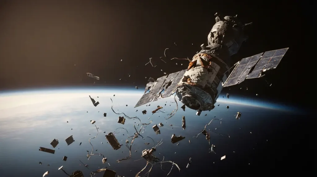 Vue d'un satellite Starlink explosé et corolle de débris flottant au-dessus de la Terre