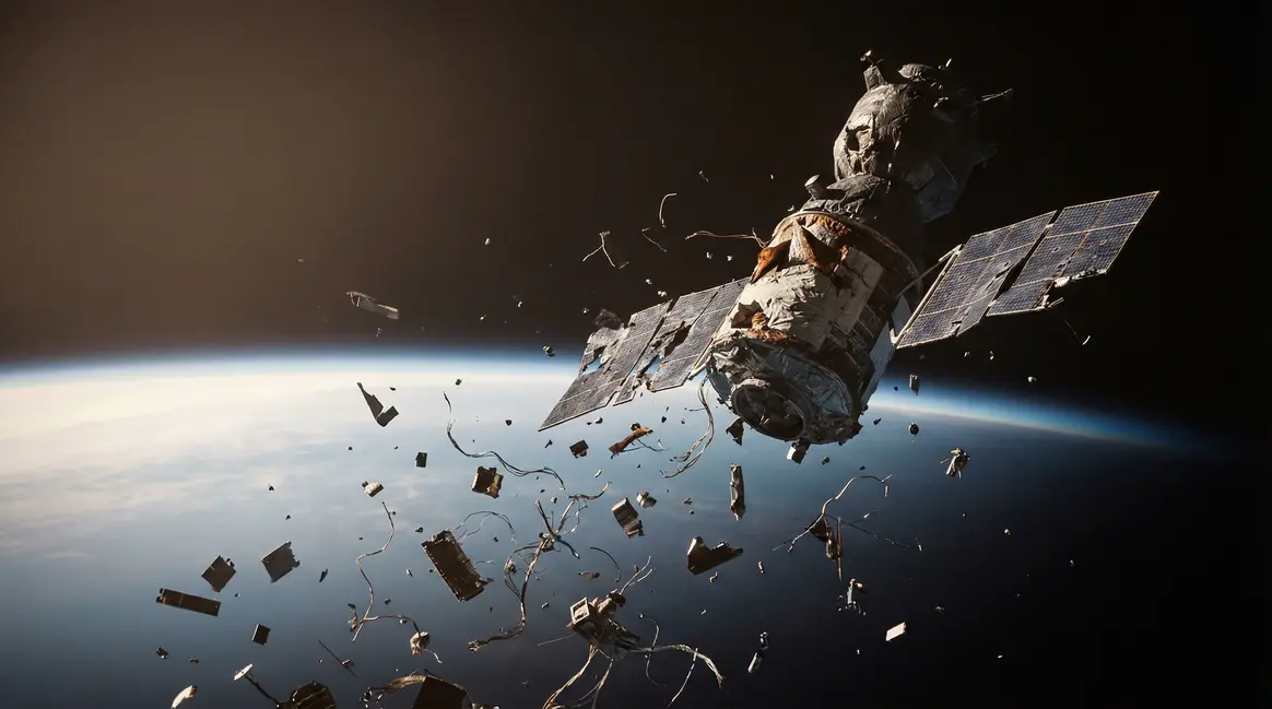 Vue d'un satellite Starlink explosé et corolle de débris flottant au-dessus de la Terre