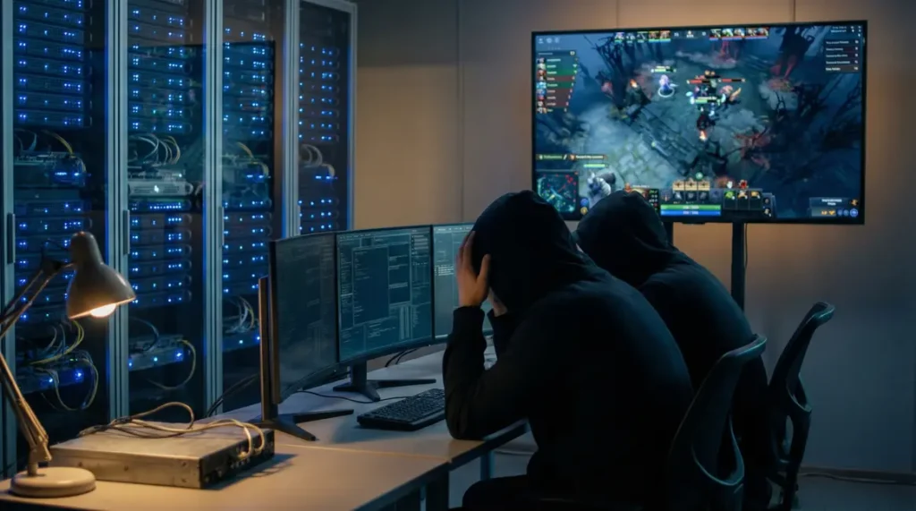 Salle de serveurs et joueurs ARC Raiders, ambiance tendue