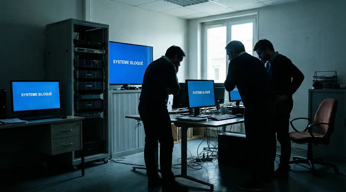 Bureau PME avec serveurs et ordinateurs bloqués par cyberattaque