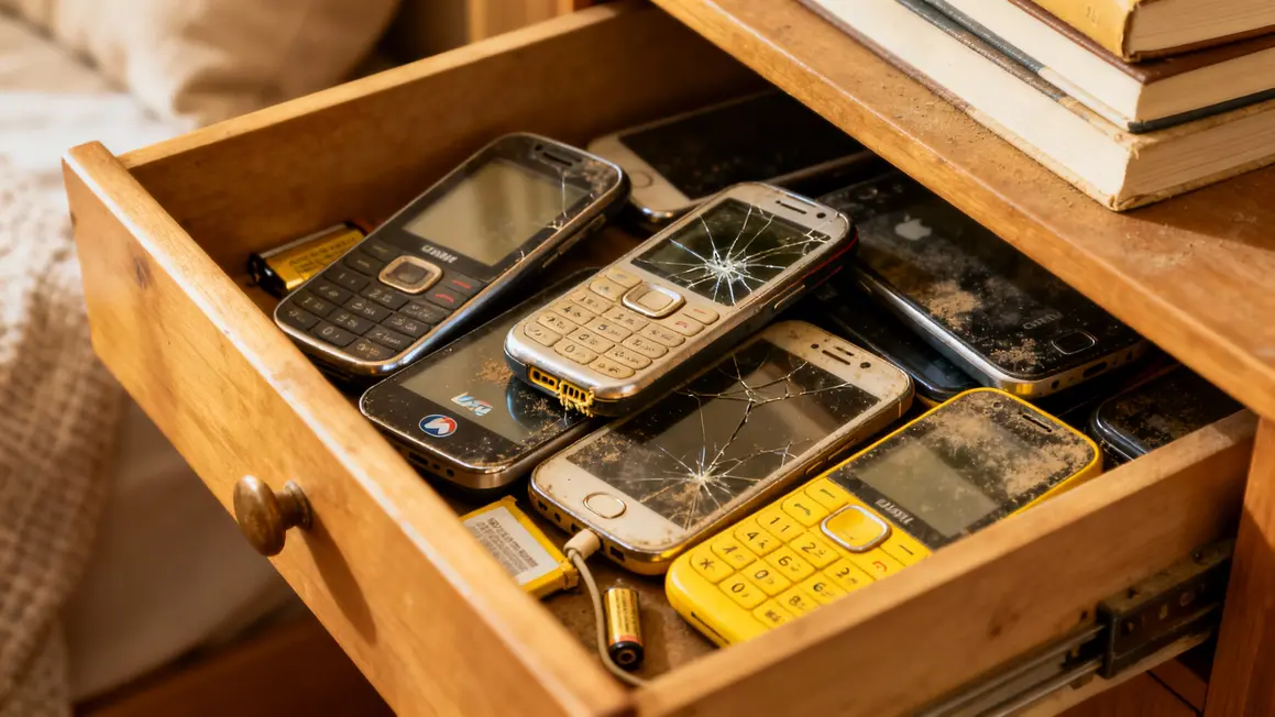 Tiroir ouvert avec vieux smartphones endommagés