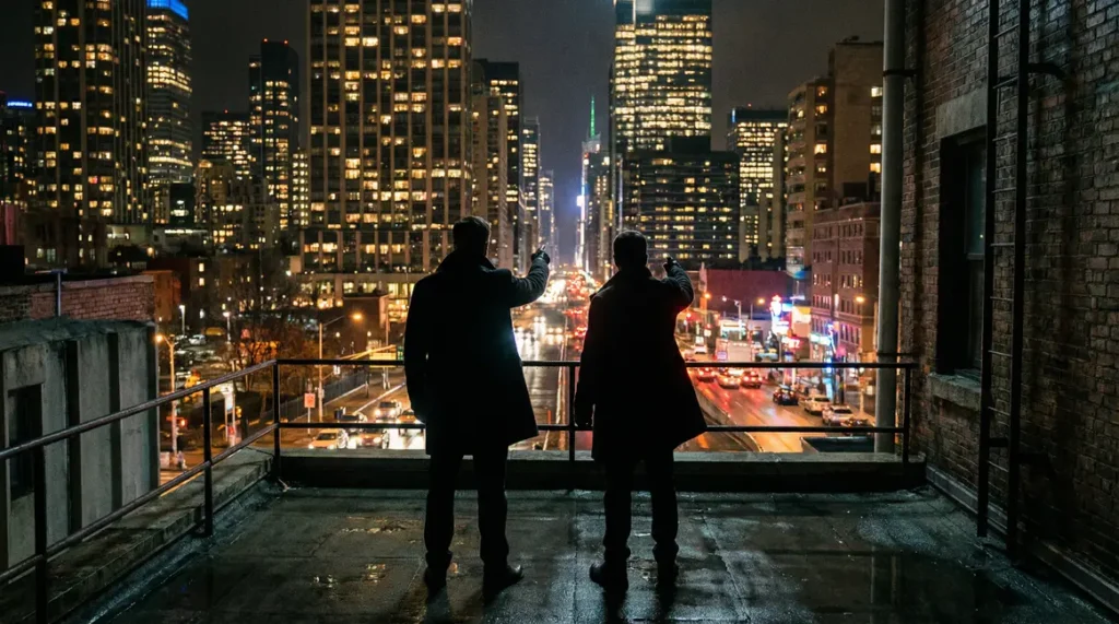 vue nocturne ville animée gta 6 silhouettes