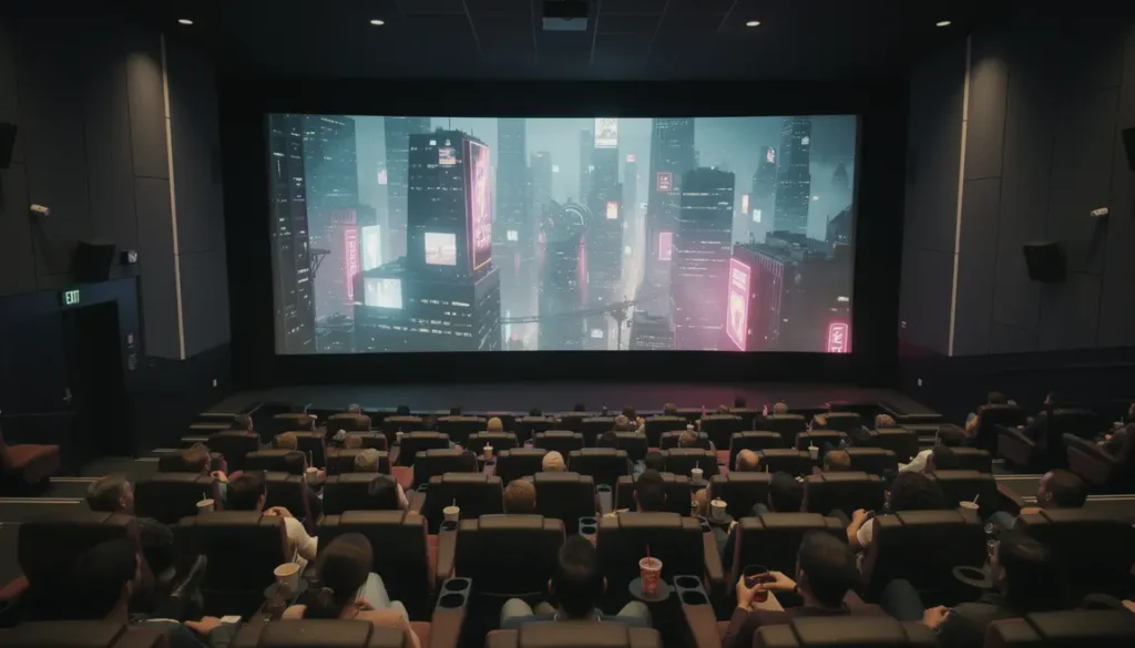salle cinéma futuriste pleine ambiance sci fi