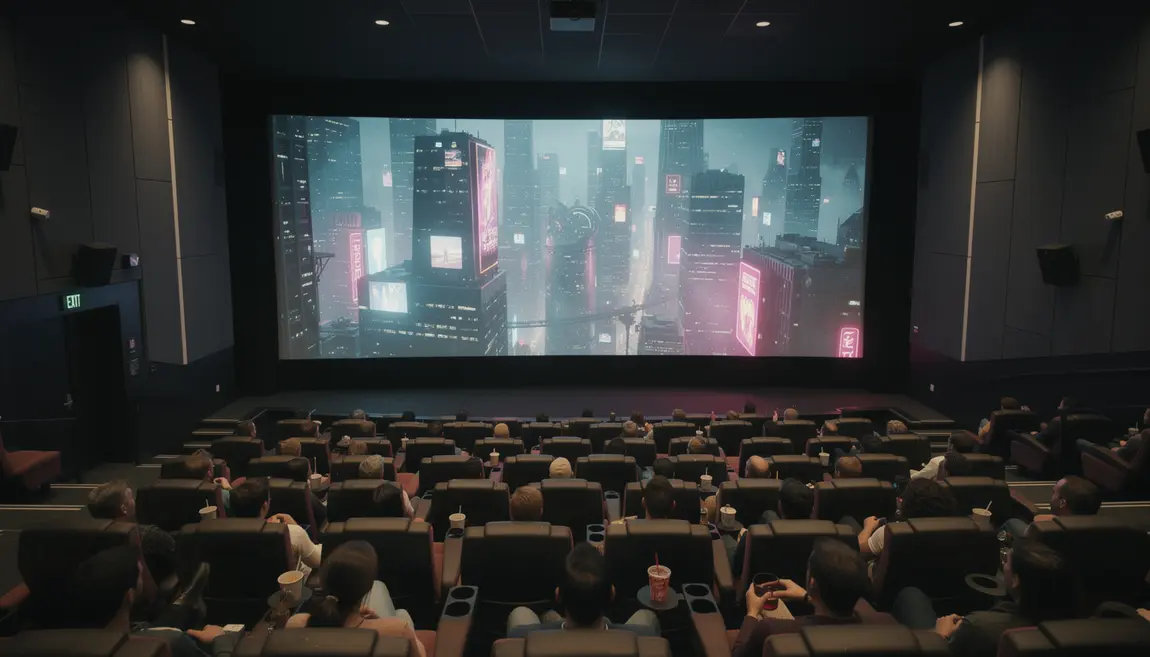 salle cinéma futuriste pleine ambiance sci fi