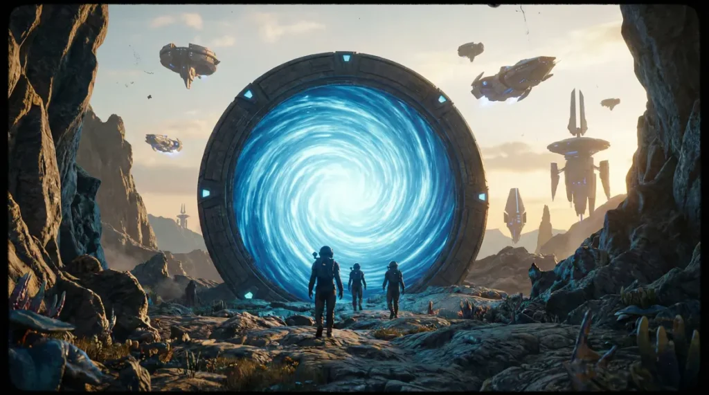 Porte Stargate allumée vortex bleu science fiction