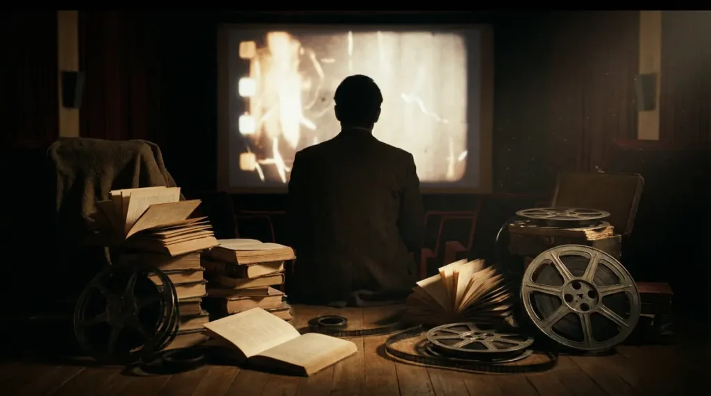 Silhouette Stephen King devant écran livres ambiance sombre