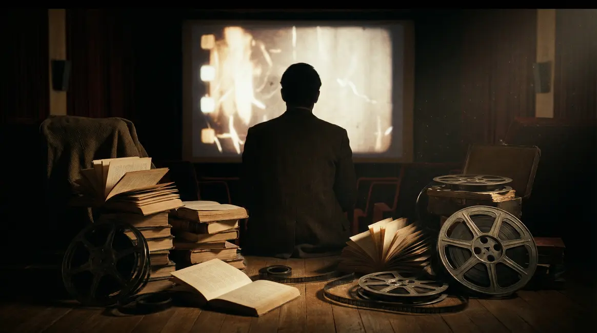 Silhouette Stephen King devant écran livres ambiance sombre