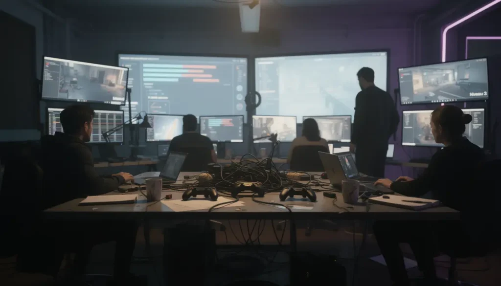 studio jeu vidéo, écrans lumineux, narration visuelle