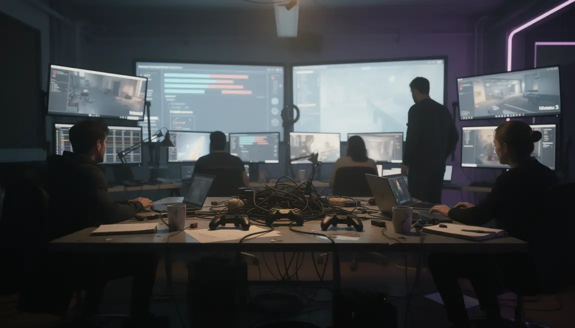 studio jeu vidéo, écrans lumineux, narration visuelle