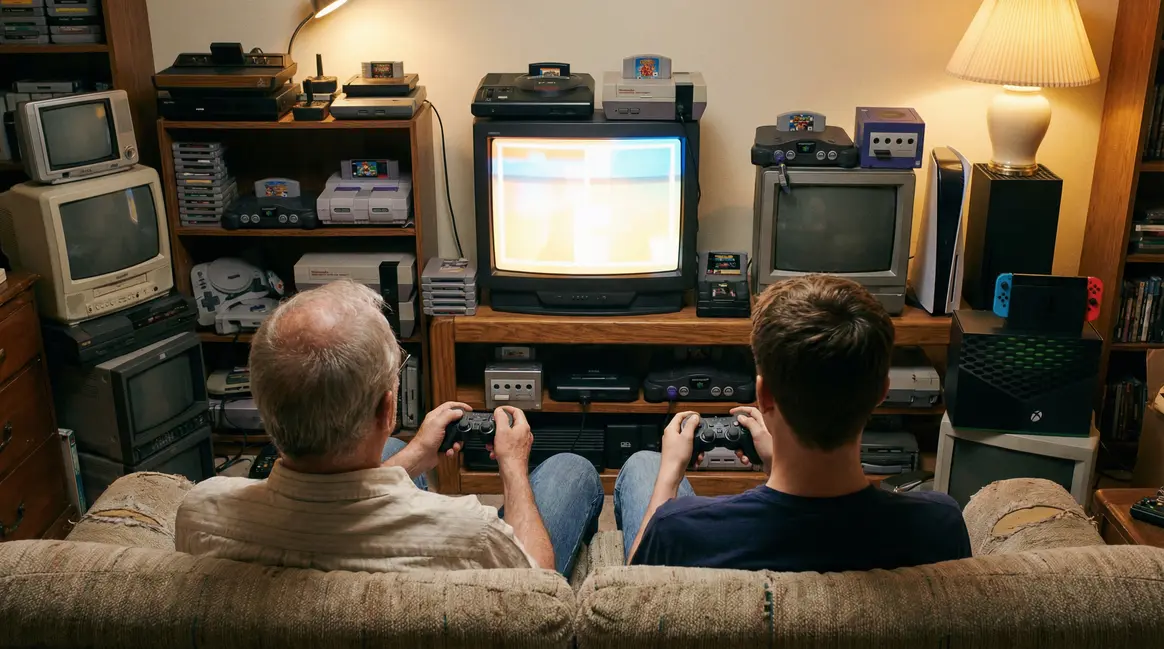 générations gamers réunies salon consoles vintage modernes