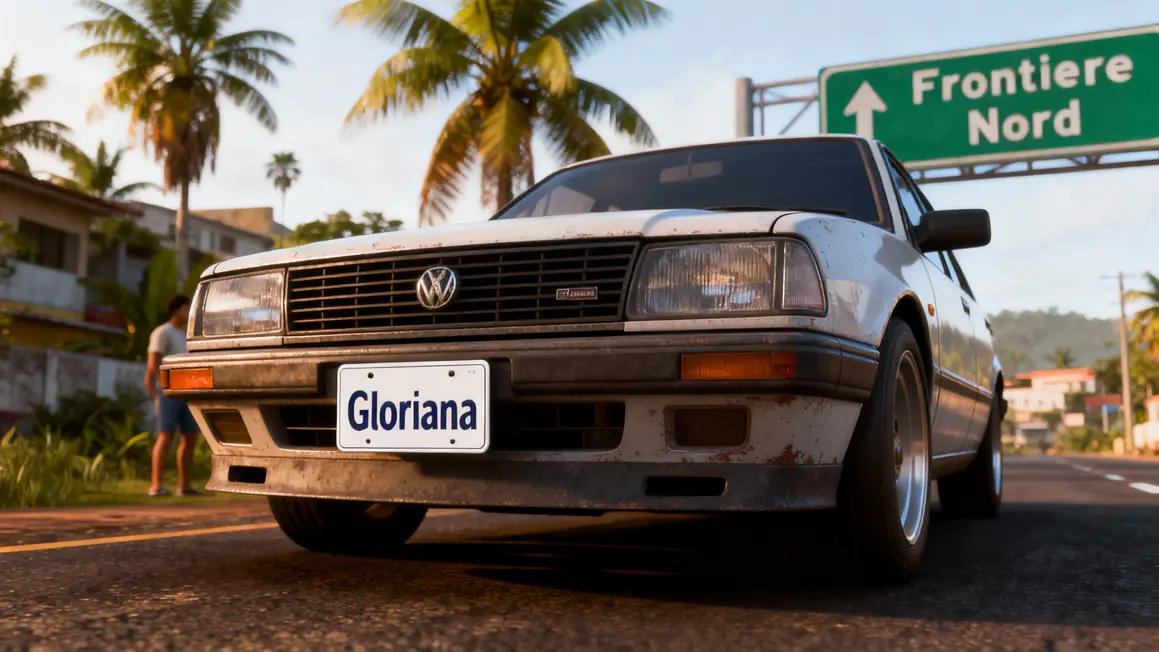 Zoom voiture GTA 6 plaque Gloriana panneau frontière nord