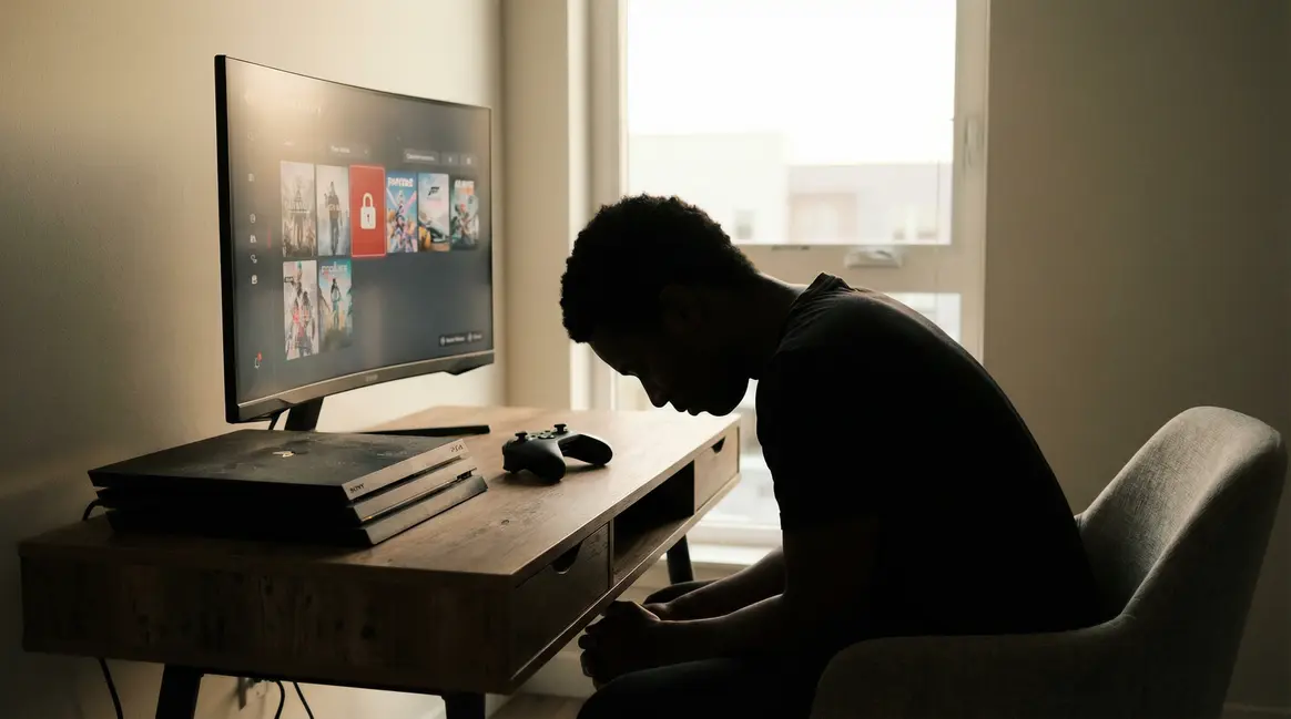 Joueur triste devant console PS5 et jeu Shadow Tactics verrouillé
