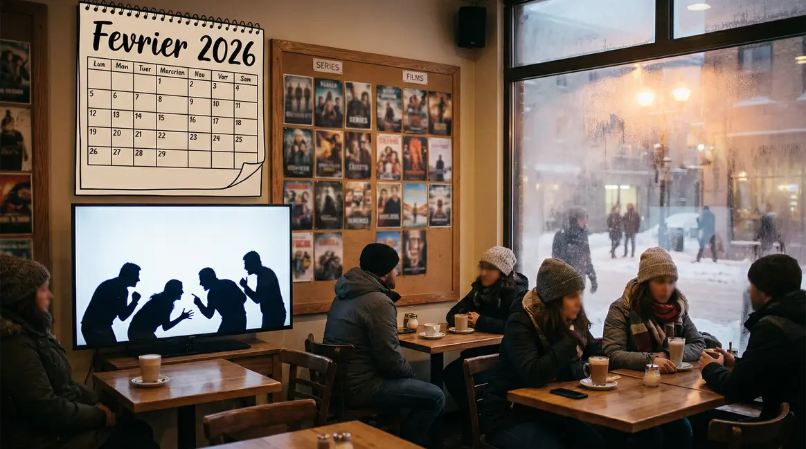 Affiche calendrier stylisé Netflix février 2026, séries et films, ambiance hivernale