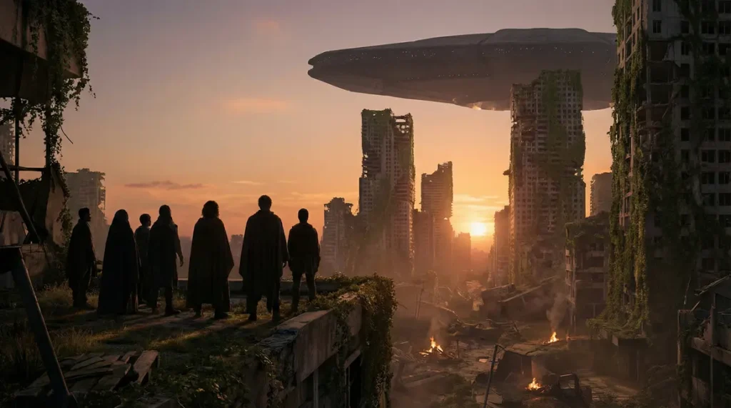 Falling Skies vaisseau extraterrestre sur ville en ruines
