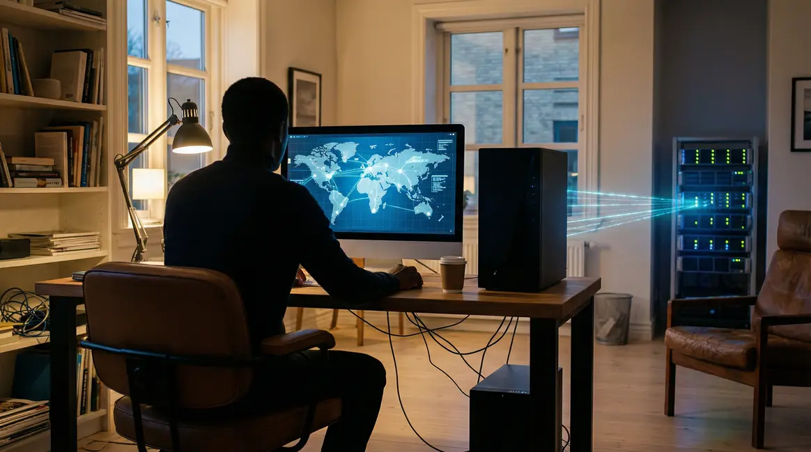Bureau avec ordinateur, donnees vers serveurs globaux