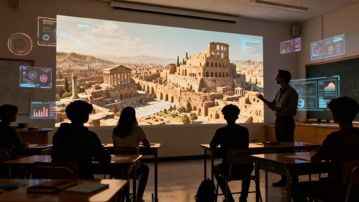 Projection 3D Genie DeepMind en salle de classe moderne