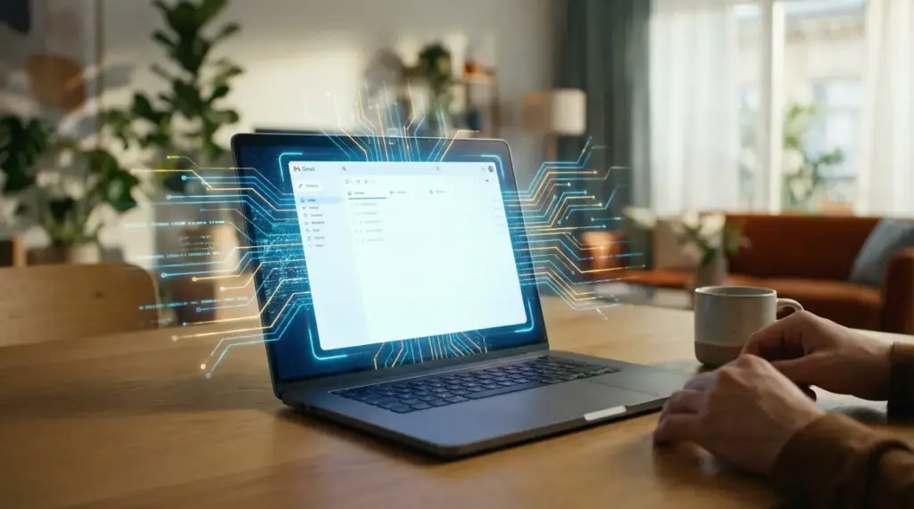 Ordinateur affichant Gmail avec IA, circuits et donnees