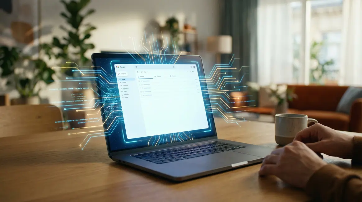 Ordinateur affichant Gmail avec IA, circuits et donnees