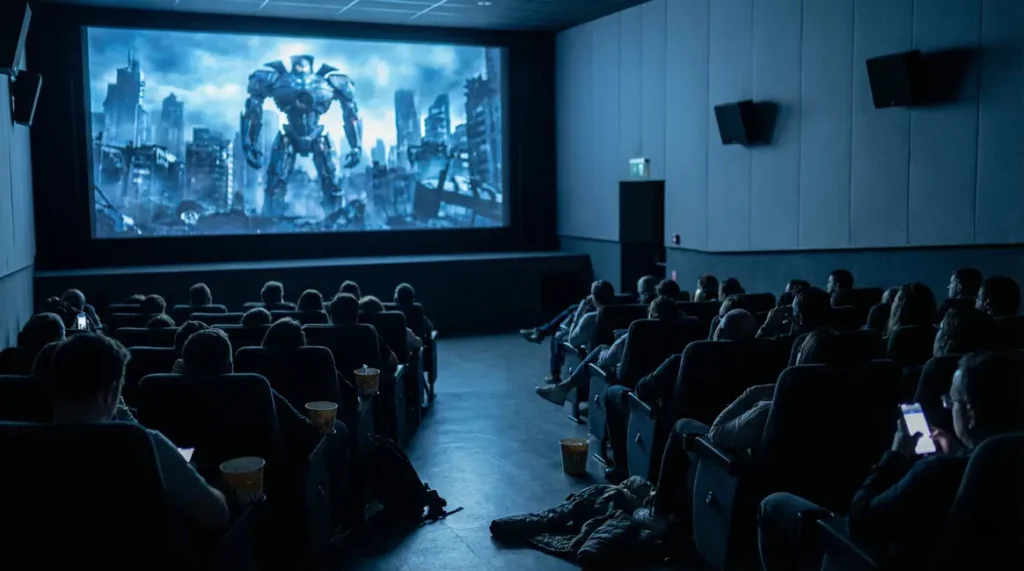 Salle cinéma projetant Le Jour où la Terre s’arrêta remake ambiance déception science-fiction