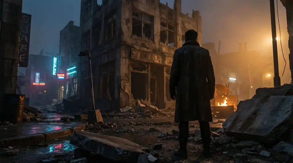 Silhouette Leon S Kennedy ambiance post apocalyptique Resident Evil Requiem