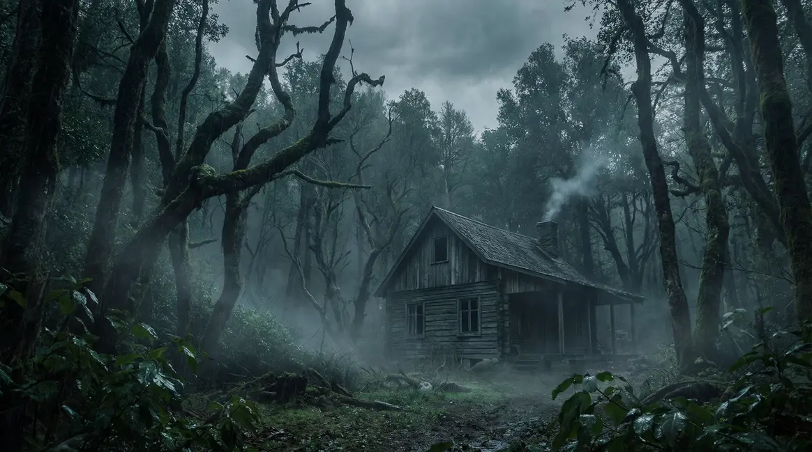 Cabane isolée en forêt sous ciel nuageux, ambiance sombre Project Songbird