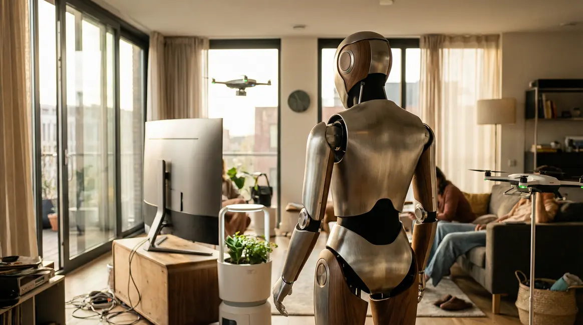 robot humanoide tesla optimus dans un salon lumineux