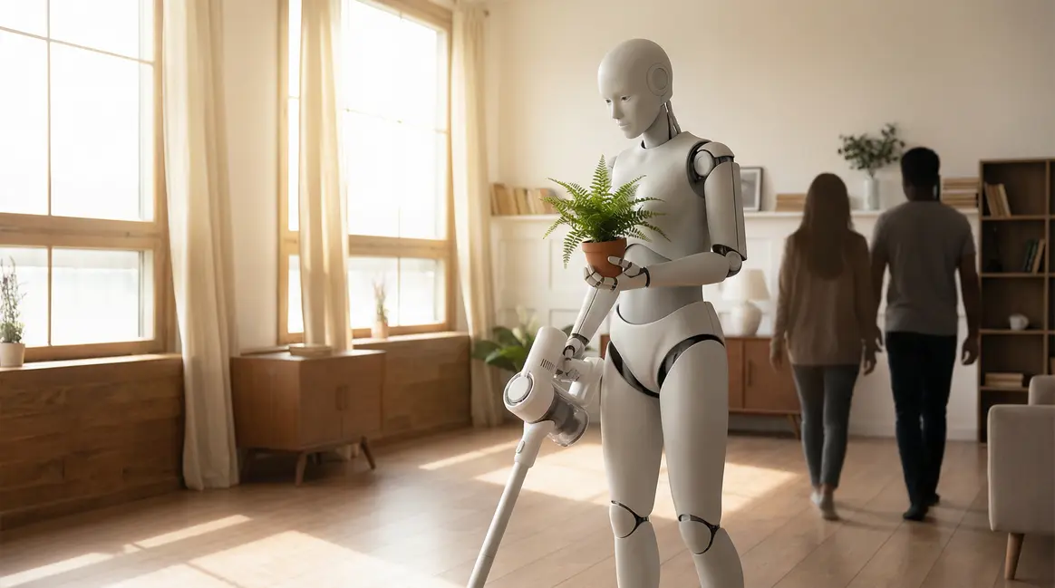 robot tesla humanoide debout dans un salon lumineux