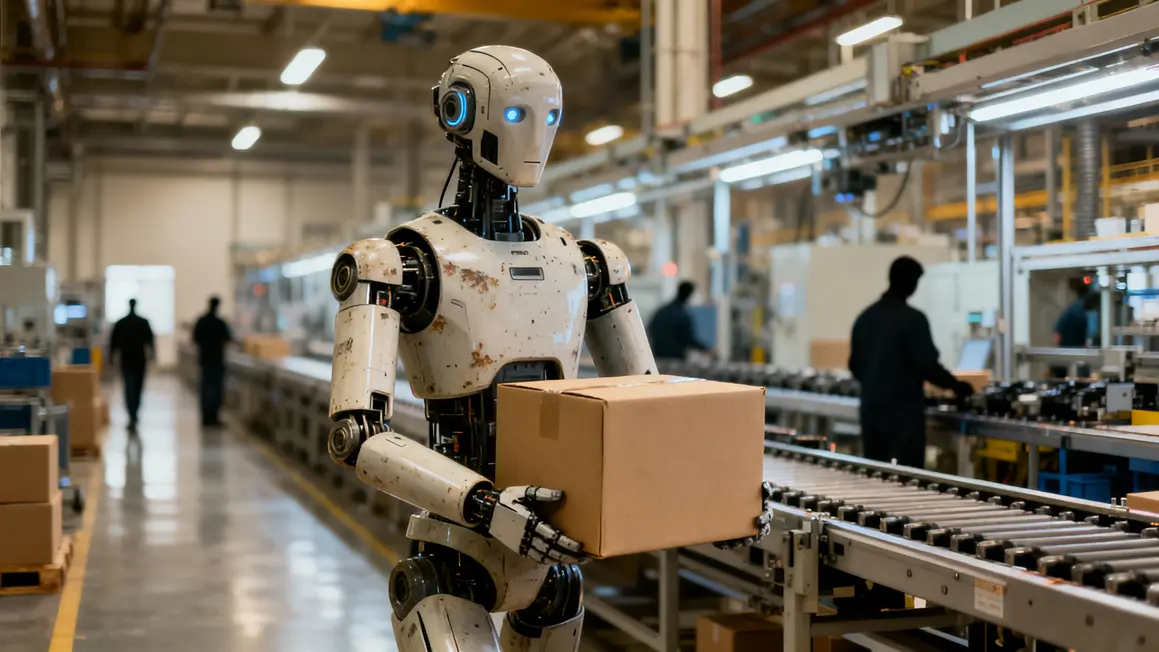 robot tesla optimus transportant boite usine