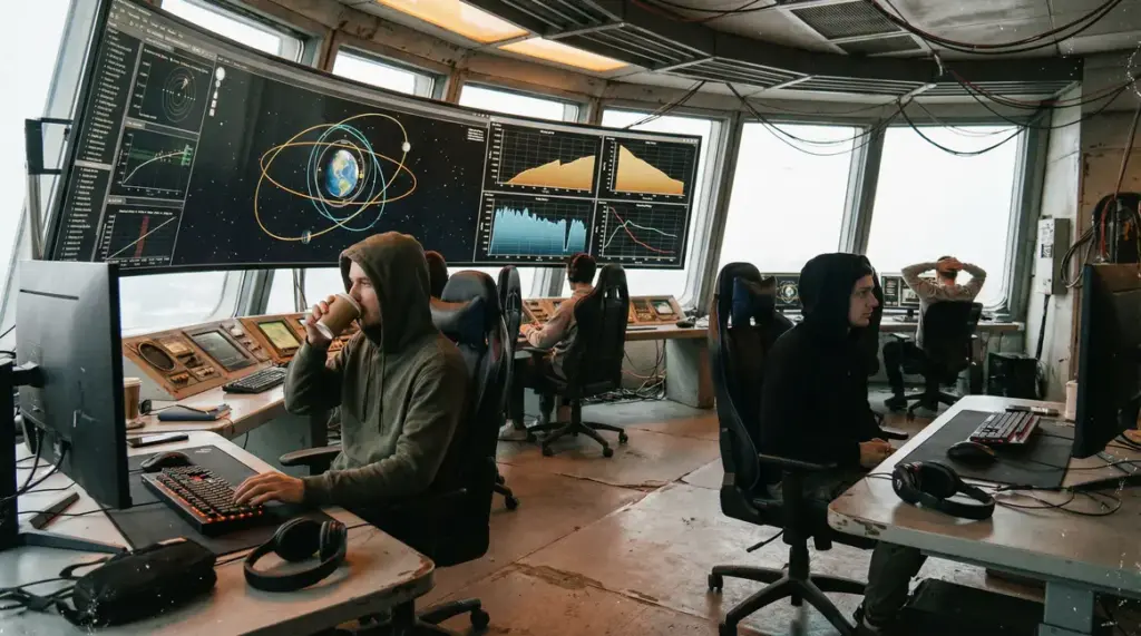 Salle de contrôle NASA avec écrans de performance gaming et ingénieurs