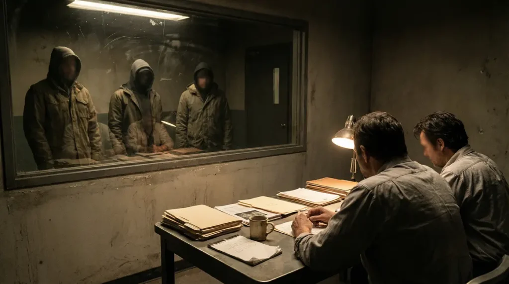Avengers et agents surveillance en salle interrogatoire sombre