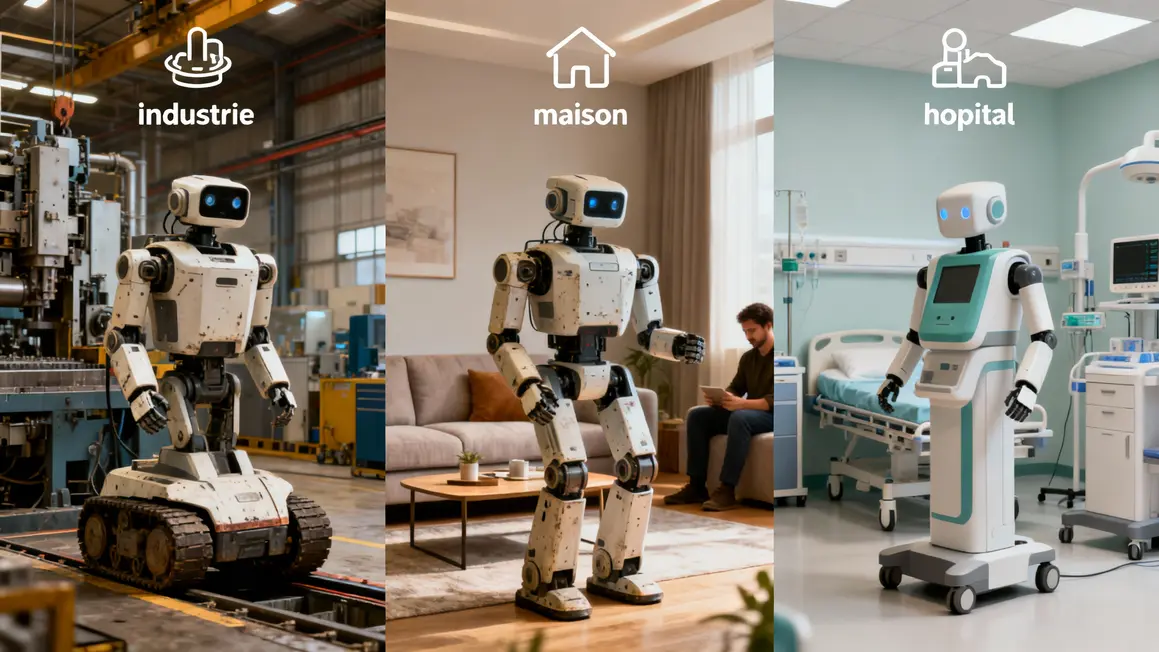 trois robots tesla optimus industrie maison hopital