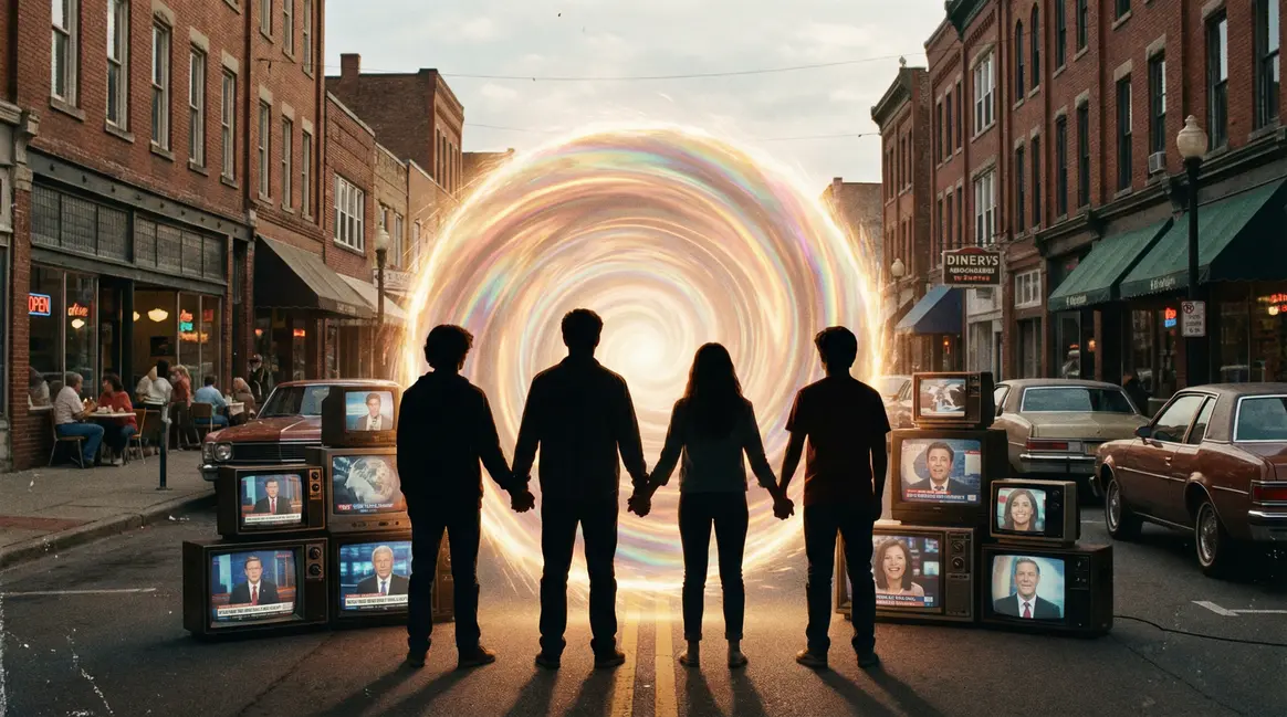 Adolescents devant portail lumineux Stranger Things monde parallele