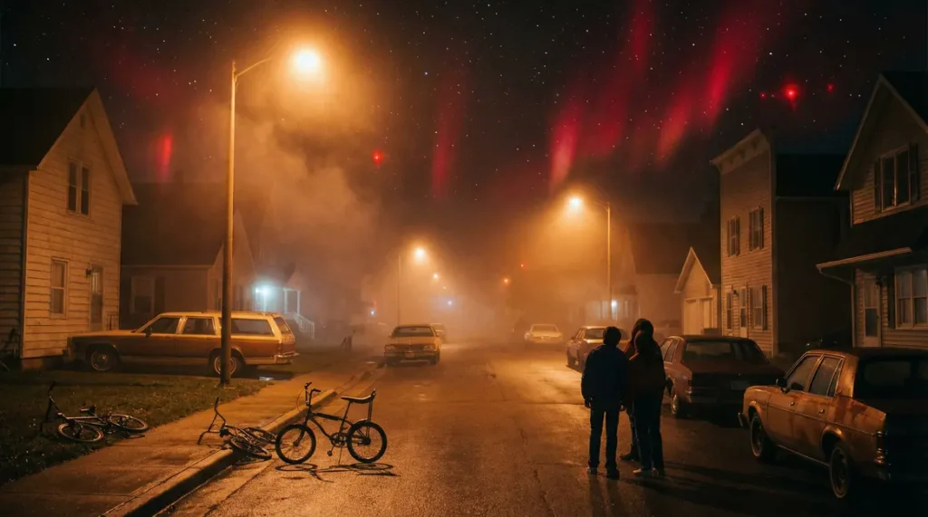 Stranger Things nuit mystérieuse ville années 80
