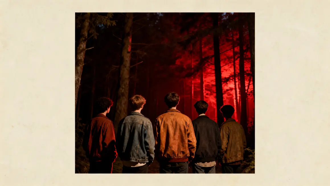 Stranger Things groupe adolescents forêt lumière rouge
