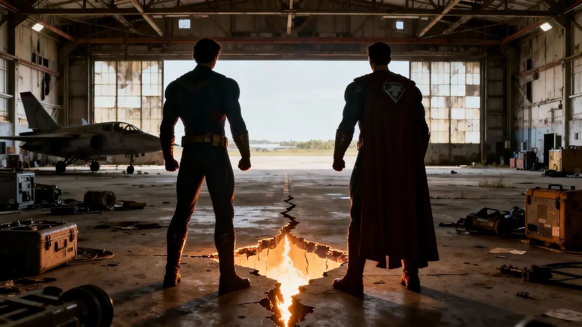 Deux superhéros séparés sur sol fissuré hangar MCU