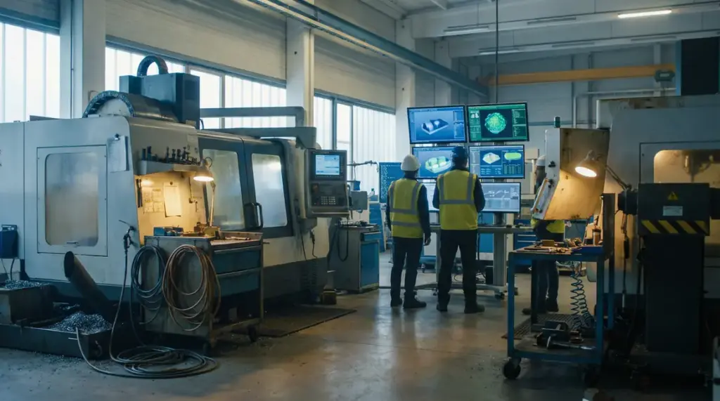 Vue haute technologie atelier industriel connecté IA simulations 3D