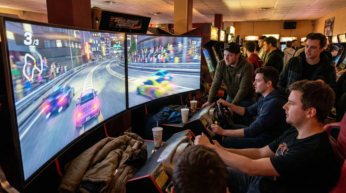 Scène de course Sonic Racing Crossworlds en arcade sur circuit stylisé