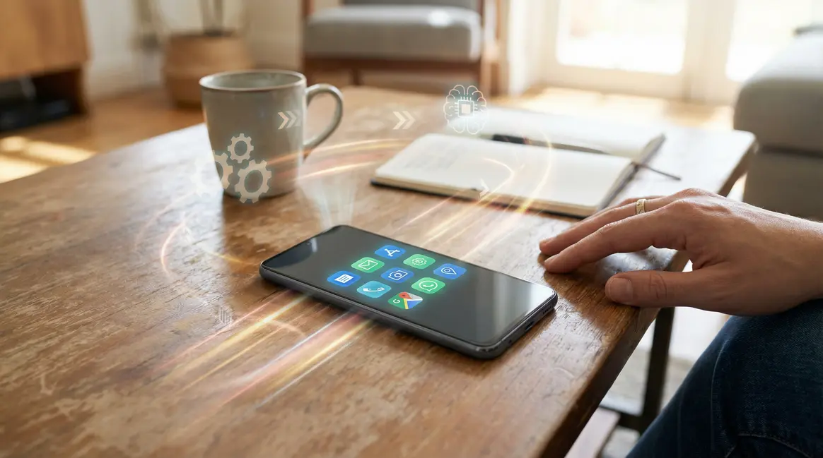 Gemini assistant Android au centre avec icônes IA