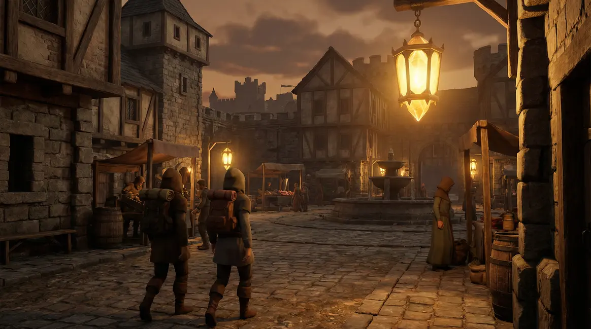 Scène immersive remake JRPG en 3D, cité médiévale, ambiance épique