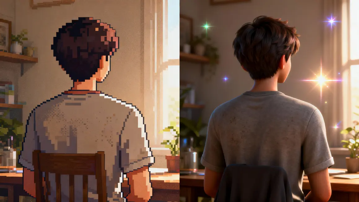Comparaison 2D pixelisé et 3D réaliste, personnages stylisés