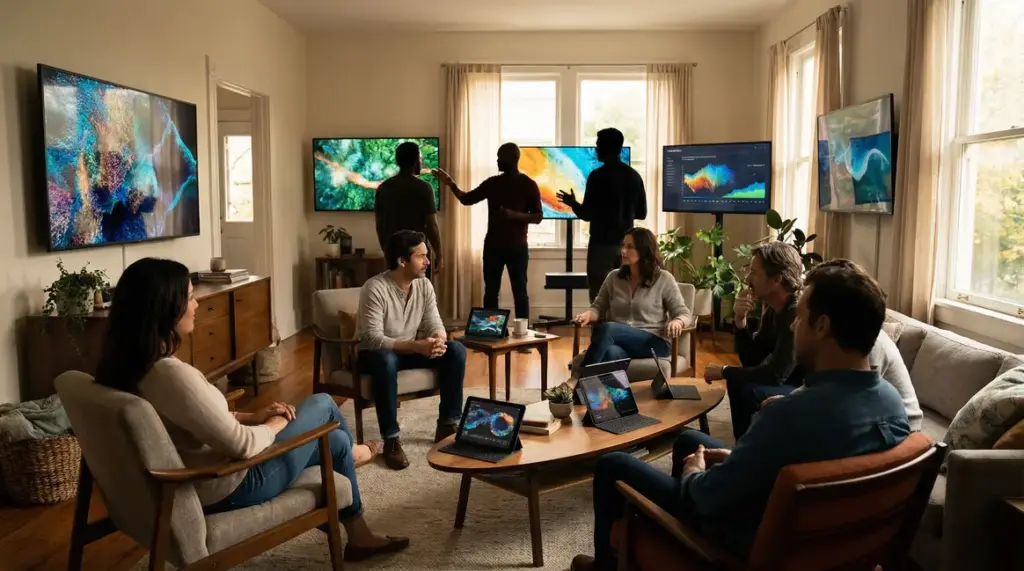 Salon moderne avec plusieurs televiseurs 8K 4K innovation high tech