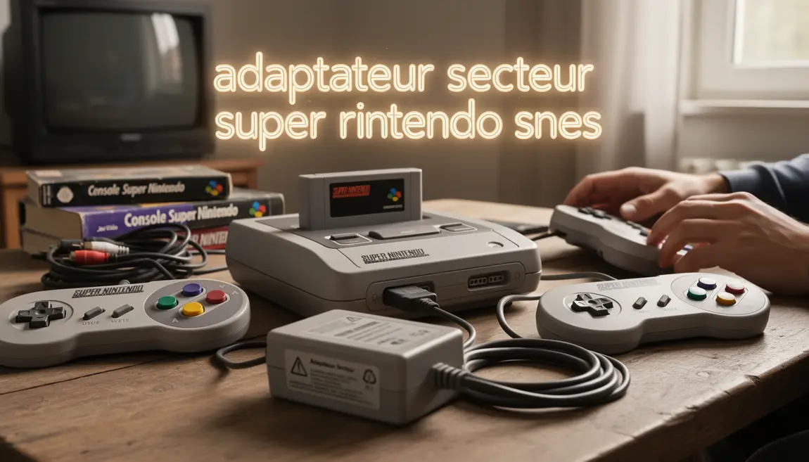Adaptateur secteur super nintendo snes retro sur table avec accessoires